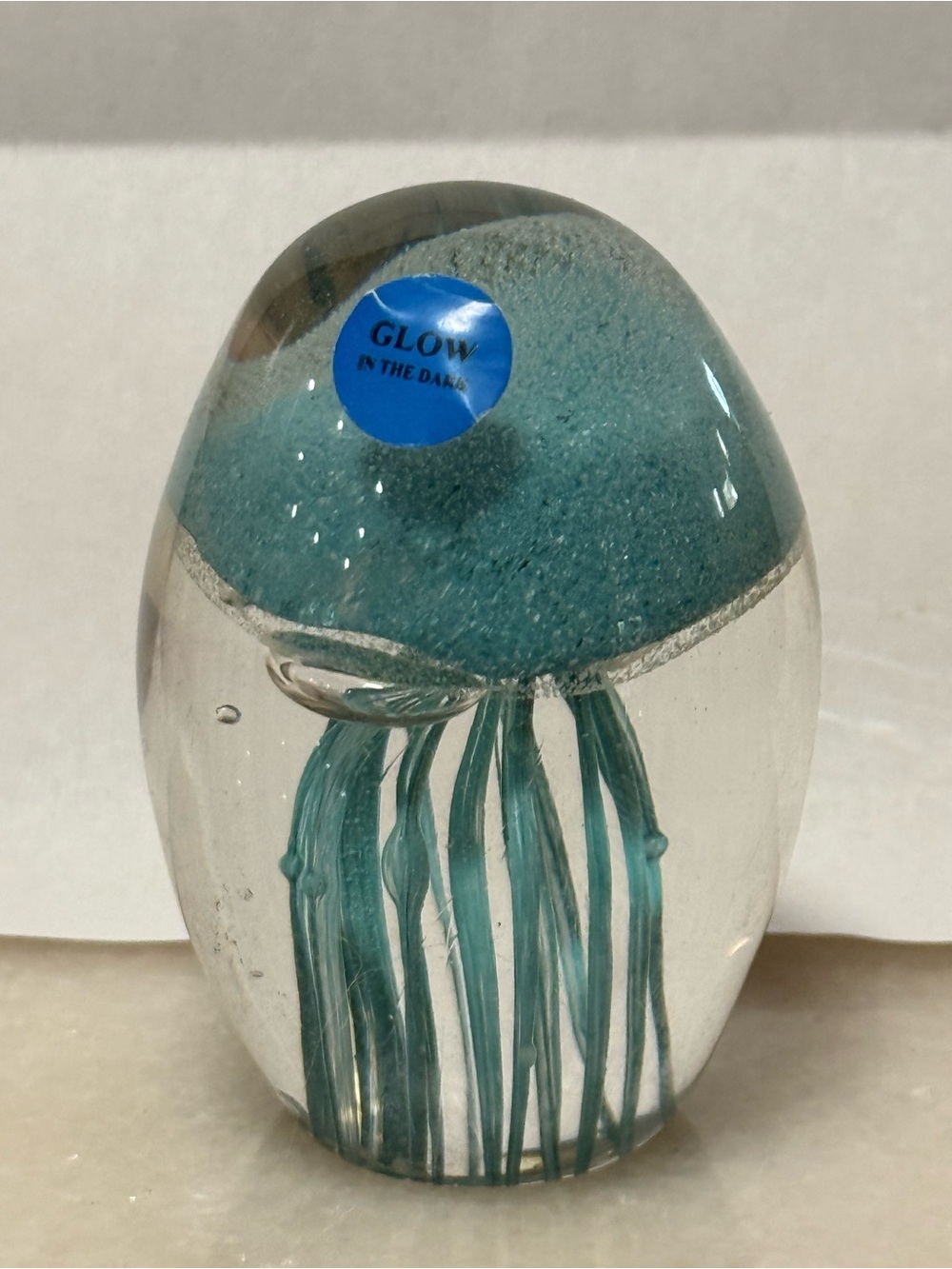 Glow-in-the-Dark Teal Jellyfish Glass Paperweight